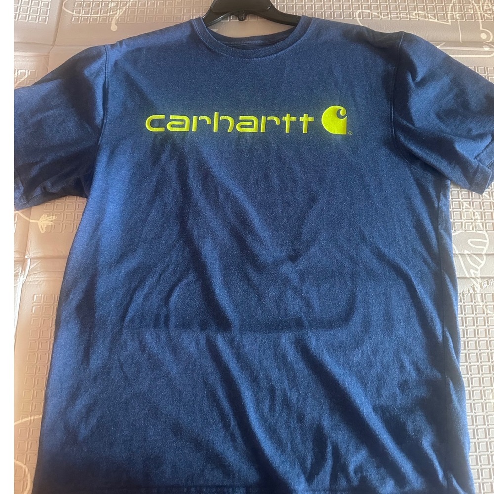 Carhartt Mens Navy Blue Neon Yellow Graphic Logo T-Shirt Original Fit Large L